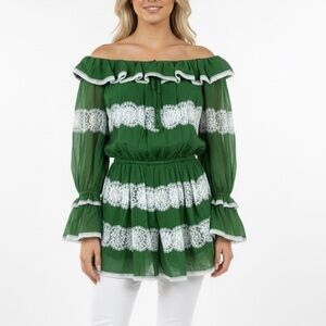 NWT Dolce & Gabbana Off The Shoulder Ruffle Peasant Tunic Top Green Sz 36
